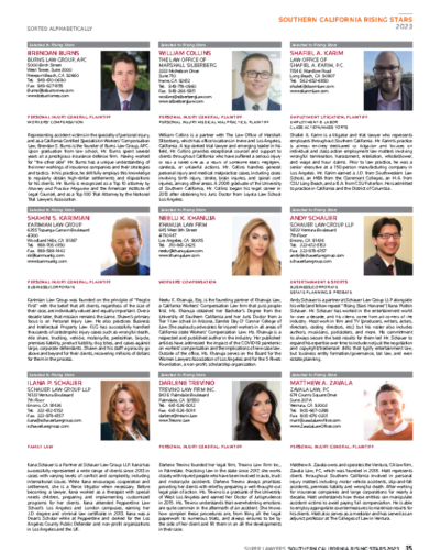 "2023 Super Lawyers Rising Stars" (June 2023) feature in the Southern California Super Lawyers Magazine - Rising Stars Edition.